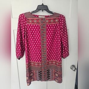 LOFT Petites SP Boho Tunic Dress Pink Tribal Print 3/4 Sleeve